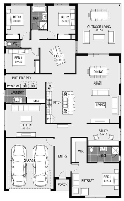 4 Bedroom House Plans Single Storey, 4 Bedroom House Plans Open Floor Single Storey, Floor Plans With Dimensions, Floorplan Ideas, Single Storey House Plans, House Plans South Africa, Open Floor House Plans, House Plans With Pictures, 4 Bedroom House Plans