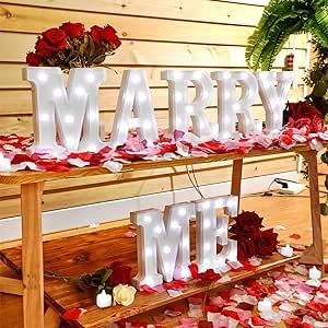 Marry Me Letters, Light Proposal, Letters Romantic, Proposal Decorations, Marry Me Sign, Up Proposal, Fake Rose Petals, Couples Decor, Light Up Letters