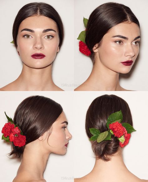 Simple Spanish Inspired Updo: Redken at Dolce & Gabbana Spring 2015 Spanish Hairstyles, Mexican Hairstyles, Bridget Bardot, Flowers In Her Hair, 짧은 머리, Wedding Hair And Makeup, Hair Dos, About Hair, Hair Updos