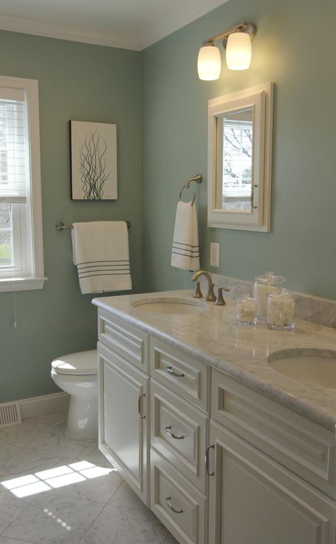 Bathroom Seafoam Green, Seafoam Green Bathroom Decor Ideas, Light Green Restroom Ideas, Sage Laundry Room Walls, Ocean Green Bathroom, Sage Green Bathroom Ideas Decor Master Bath, Sage Green And White Bathroom Ideas, Light Sage Bathroom Walls, Sage And Tan Bathroom