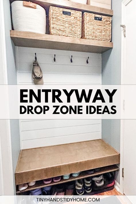 Baskets, shelving, hooks, shoes storage, floor mat, and a built-in bench in a small entryway drop zone. The text over the image reads, "DIY home drop zone". Home Drop Zone, Small Drop Zone Ideas, Small Entry Closet Ideas, Small Drop Zone, Drop Zone Ideas Entryway, Entryway Drop Zone, Kitchen Entryway Ideas, Entry Closet Ideas, Drop Zone Ideas