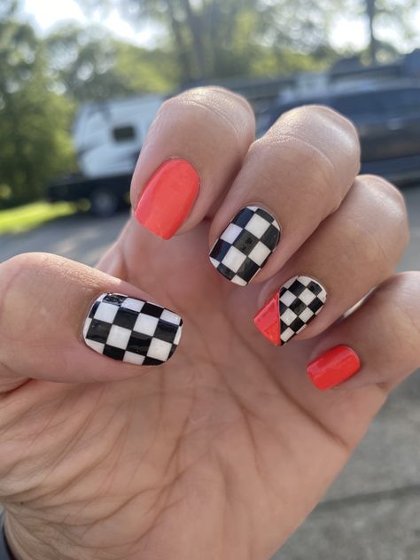 Nails For Race Day, Nails Race Design, Nails 2023 Trends Checkered, Check Yourself Color Street Combo, Dirtbike Nail Designs, Check Yourself Color Street, High Voltage Color Street, Red And Black Checkered Nails, Race Day Nails Checkered Flag