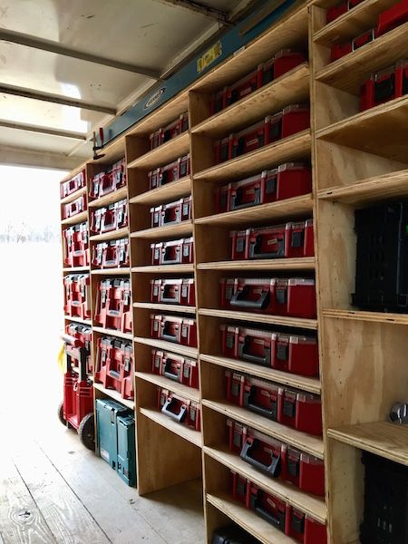 Organisation, Tool Trailer Organization, Diy Van Storage Ideas, Enclosed Trailer Cabinets, Packout Storage, Shelf Pin Jig, Trailer Shelving, Work Truck Organization, Construction Trailer