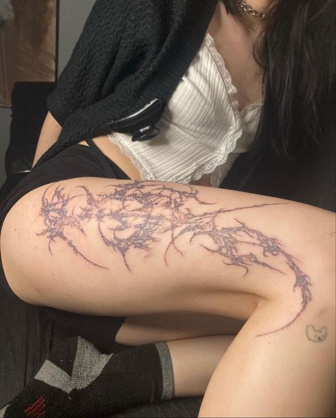 Thigh Cybersigilism, Aesthetic Women Tattoo, Legs Tattoo Women, One Leg Sleeve Tattoo, Thigh Tattoos Women Cybersigil, Sigilism Arm Tattoo, Cybersigilism Tattoo Thigh, Cybersigilism Leg Tattoo, Cybersigilism Tattoo Leg