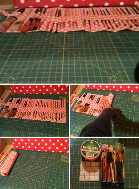 'Paintbrush Roll-up Travel Kit...!' (via Instructables.com) Diy Paint Brush Roll, Brush Roll Sewing Pattern, Roll Up Paint Brush Holder Diy, Paint Brush Roll Up Case Pattern, Paint Brush Storage Totes, Sew Makeup Brush Roll, Diy Brush Holder, Paint Brush Holders, Roll Up