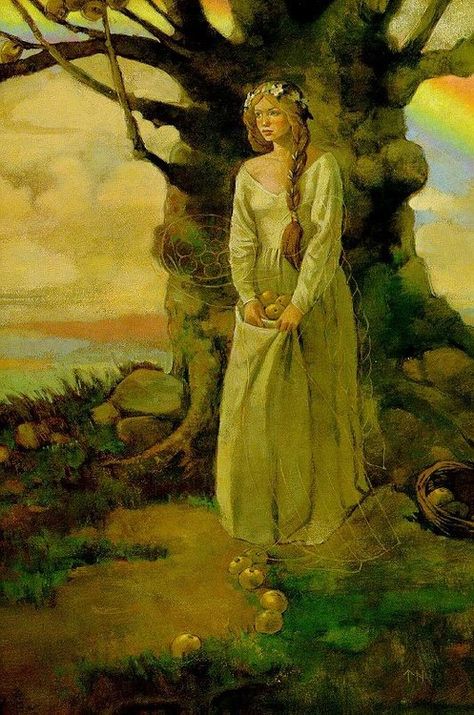 Idun  Norse Mythology. Iðunn is the goddess of eternal youth and is the wife of Bragi, the god of poetry. Idun keeps the golden apples that maintain the eternal youthfulness of the gods. Idunn Goddess, Hebe Goddess, Viking Goddess, Norse Pantheon, Viking Gods, Goddess Of Spring, Norse Legend, Norse Gods, Norse Goddess