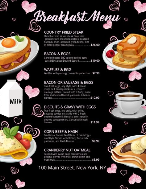 Breakfast Menu Template, Breakfast Menu Design, Milk Biscuits, Cream Gravy, Egg Waffle, Country Fried Steak, Bbq Spice, Menu Card Template, Steamed Green Beans