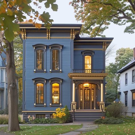 Dandelion Yellow and Slate Blue Exterior Paint Design for Cheerful Elegance • 333+ Images • [ArtFacade] 1890 House Exterior, House Color Design Exterior Paint, Blue Victorian House Exterior, Cute Townhouse Exterior, Beautiful Architecture Aesthetic, Uk Houses, Old Style Homes, Yellow House, Italianate House Exterior