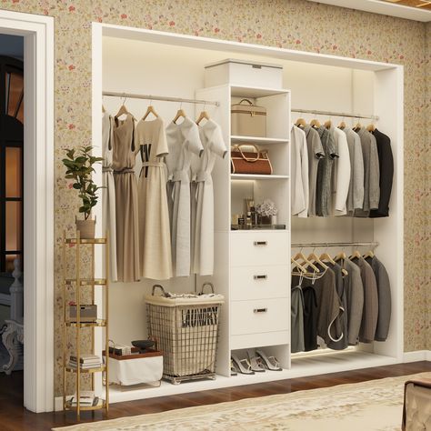 Latitude Run® Rovina 21“-96'' Closet System with 3 drawers | Wayfair Allen And Roth Closet System, Diy Walk In Closet, Wooden Closet, Closet Drawers, Shoe Storage Shelf, Closet Organizing Systems, Large Closet, Small Closet, Closet Rod