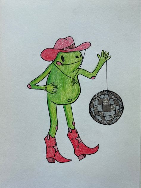 Frog In Cowboy Boots, Cute Cowboy Drawing, Frog In Cowboy Hat Tattoo, Cowboy Animals Drawing, Disco Ball Cowboy Hat Tattoo, Cowboy Frog Drawing, Funny Frog Painting, Animals In Cowboy Hats, Frog With Cowboy Hat Tattoo