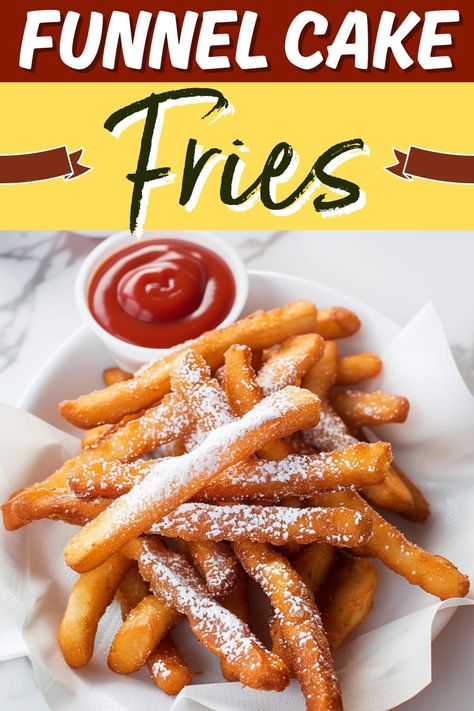 Sweet & Crispy Funnel Cake Fries Funnel Fries Recipe Easy, Crispy Funnel Cake Sticks, Funnel Cake Sticks, Funnel Cake Fries Recipe, Dessert Fries, Funnel Fries, Funnel Cake Batter, Fried Desserts, Funnel Cake Recipe Easy