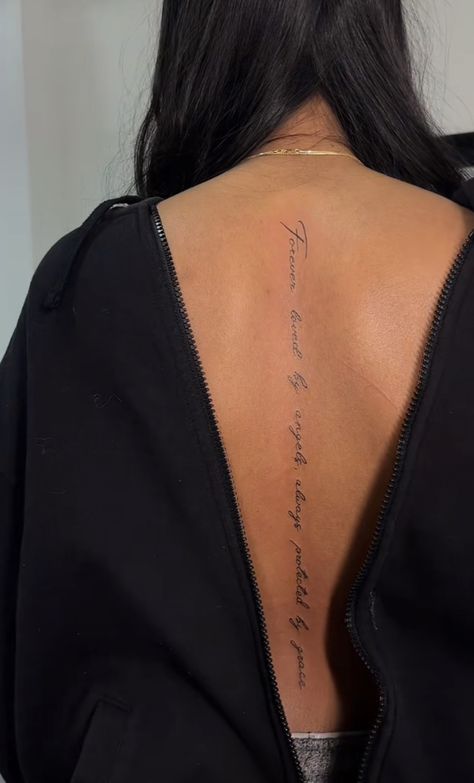 Unique Men’s Sleeve Tattoo, Writing Spine Tattoos For Women, Phrase Spine Tattoo, Arabic Tattoo On Spine, Dainty Inspirational Tattoos, Spine Name Tattoo, Women’s Spine Tatoo, Back Tattoo Ideas Female Meaningful, Simple Fine Line Spine Tattoo