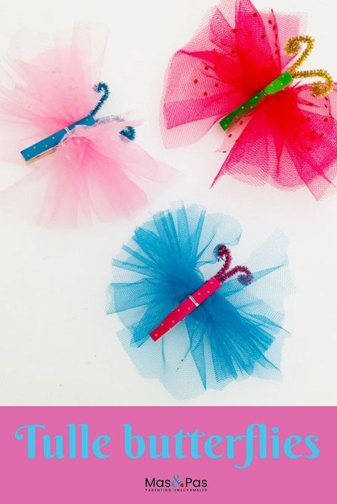 Easy Butterfly Craft, Tulle Butterfly, Spring Toddler Crafts, Springtime Crafts, Tulle Crafts, Easy Butterfly, Butterfly Craft, Butterfly Kids, Spring Crafts For Kids