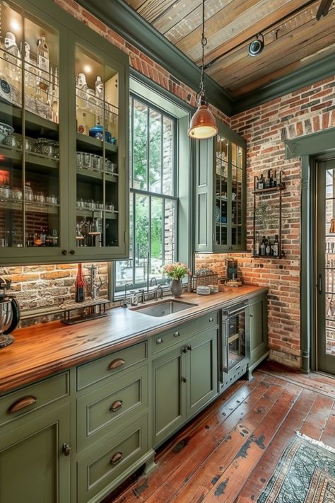 Checkered Kitchen Floor Green Cabinets, Green Color Cabinets, Hunters Green Kitchen, Green Kitchen Cabinets Cabin, Brick Kitchen White Cabinets, Farm Interior Design Ideas, Sage Green Kitchen With Brick, Green Cabinet With Brick Backsplash, Cozy Green Kitchen Aesthetic