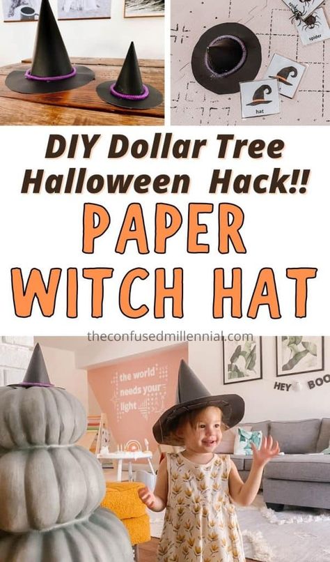 Diy Witch Hats Paper, Witch Hat Paper Craft, How To Make Witch Hat Out Of Paper, Paper Witches Hat, Paper Witch Hat Template, How To Make Witch Hat, Diy Witch Hat Decoration, Witches Hat Craft, How To Make A Witches Hat