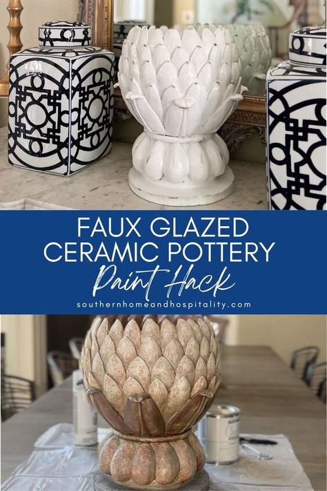 Inside: Looking to make over a thrifted vase or planter? Here’s my simple solution to transform a garage sale find into a glossy glazed ceramic pottery treasure with paint. ⟹I always pop into estate sales near me. Because…1) FOMO that I might miss an amazing deal on something I didn’t even realize I wanted, and 2) CURIOSITY. I’m the nosy neighbor that likes to see the inside of some of these houses.And a couple of weeks ago I spotted something that I DID want. It just wasn’t the right… Spray Paint Pottery, How To Paint Glazed Ceramic Pots, Rustoleum Decorative Glaze, Faux Pottery Diy, How To Paint Ceramic Pots, Vintage Pottery Painting, How To Paint Ceramics, How To Paint Ceramic, Spray Paint Ceramic