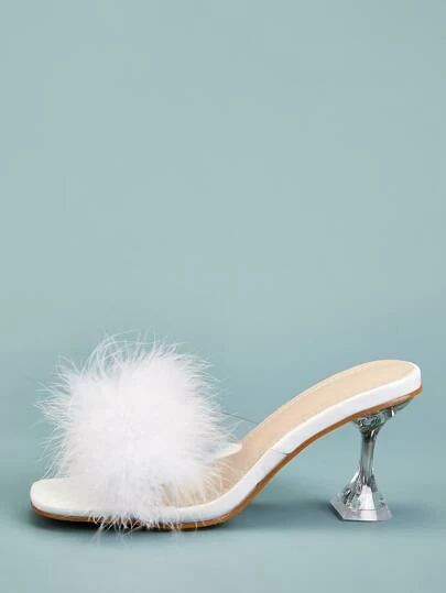 Sandals | Women's Shoes | SHEIN USA Bride Wedding Shoes, Faux Fur Decor, Feather Shoes, Cool Bride, Shoes Shein, Feather Heels, Latest Sandal, High Heel Slippers, White Heels