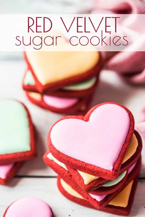 Valentine Red Velvet Cookies, Valentine’s Day Sugar Cookies Recipe, Red Velvet Sugar Cookie, Homemade Valentine Cookies, Homemade Red Velvet Cookies, Red Velvet Cookies Valentines Day, Red Velvet Cutout Cookies, Valentine's Cookies Recipe, Red Velvet Heart Cookies