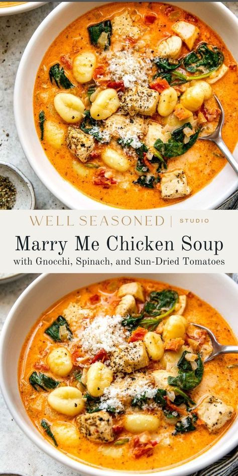 Rich, Creamy Marry Me Chicken Soup - Well Seasoned Studio Fall Soup Recipes Gnocchi, Fall Soups Gnocchi, Savory Fall Dinners, Fall Soups Dutch Oven, Fall Baked Dinner Recipes, Crockpot Recipes Fall Healthy, Healthy Fall Crockpot Soups, Yummy Fall Soups, Cozy Home Cooked Meals