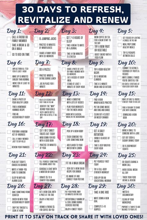 A 30-Day Challenge Designed to Add Health to All Aspects of Life | SparkPeople Health And Fitness Challenges, 30 Day Get Your Life Together Challenge, 30 Day Challenge Mental Health, 30 Days Mental Health Challenge, 30 Day Personal Growth Challenge, Try New Things Challenges 30 Day, 30 Days Productivity Challenge, 30 Day Productivity Challenge, 30 Days Happiness Challenge