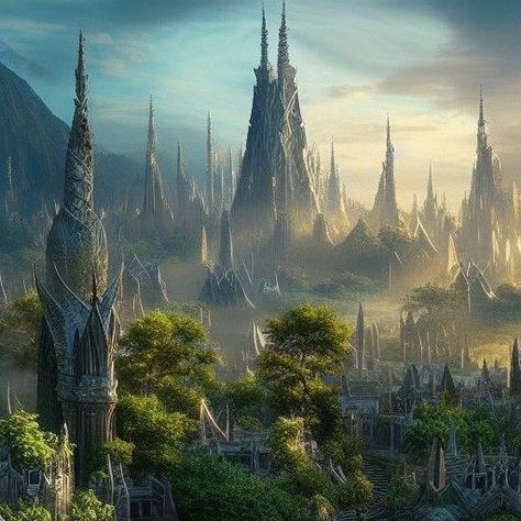 Dnd Elven City, High Elf City Fantasy Art, Elven City Concept Art, Elf City Fantasy Art, Forest Castle Fantasy Art, Fantasy Elven City, Elven Landscape, Dnd Patrons, Norse Realms