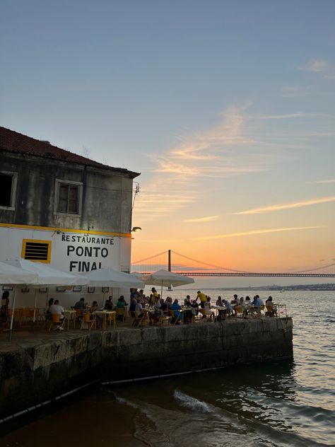 sunset in Lisbon Ponto Final Lisbon, Lisbon Portugal Aesthetic, Lisbon Aesthetic, Lisbon Trip, Lisbon Beaches, Portugal Aesthetic, Summer Abroad, Portugal Vacation, Spain Aesthetic