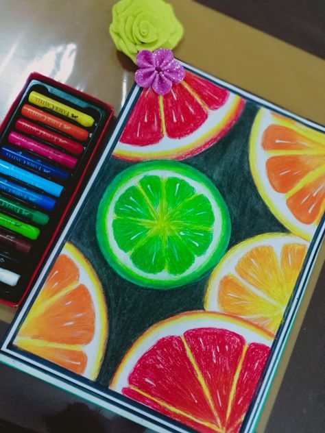 Ajna Joy Easy Art Oil Pastels, Citrus Fruits Drawing, Fruits Oil Pastel, Citrus Fruit Drawing, Pastel Fruit Drawing, Oil Pastel Fruit Drawings, Oil Pastel Fruit, Citrus Drawing, Easy Still Life Drawing