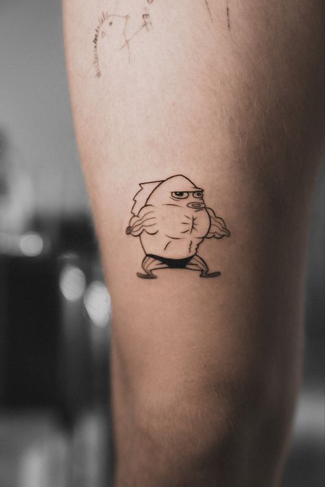 Spongebob Fish musclefish cartoon tattoo Cute Man Tattoo, Patchwork, Minimal Spongebob Tattoo, Funny Minimal Tattoo, Blob Fish Tattoo, Funny Easy Tattoos, Funny Spongebob Tattoo, Funny Fish Tattoo, Meme Tattoos Funny