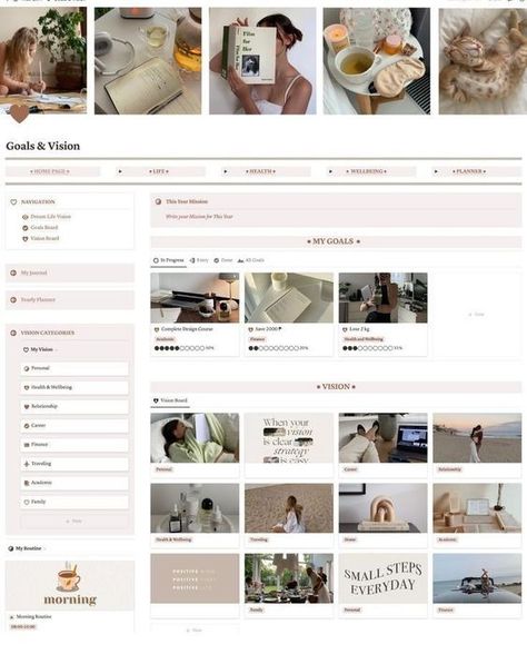 Notion Inspiration Dashboard, Notion Goals Page, Notion Pages Ideas, Notion Manifestation, Manifestation Template, Notion Template Free, Notion Layout, Study Planner Free, Notion Inspiration