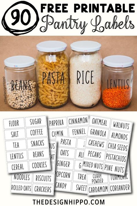 Free Printable Pantry Labels For DIY Kitchen Organization. Easily print these labels at home to organize and add charm to your pantry. Labels for food storage jars include flour, pasta, sugar, salt, spices, nuts, baking, beans, lentils. #freeprintable #kitchenprintable #pantrylabels #diykitchen #kitchenorganization #printablelabels #decor via @thedesignhippo Jar Label Design Free Printable, Pantry Labels Printable, Free Pantry Labels, Kitchen Pantry Labels, Free Pantry, Kitchen Printables, Spice Jar Labels, Kitchen Labels, Organizing Labels