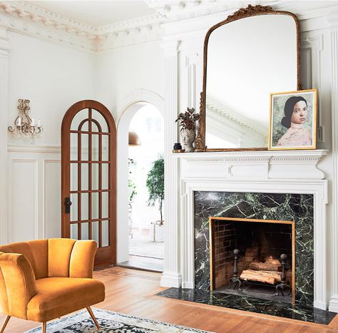 Dining Room Turned Sitting Room, Gleaming Primrose Mirror, Primrose Mirror, Center Hall Colonial, Eclectic Gallery Wall, Staircase Decor, Chinoiserie Decorating, Yellow Chair, Entryway Console