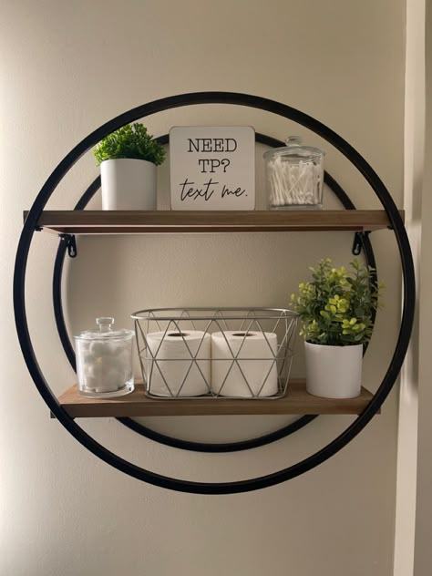 Circle Wall Shelf Bathroom, Round Shelf Over Toilet, Round Shelf Above Toilet, Round Bathroom Shelf Decor Over Toilet, Bathroom Circle Shelf, Round Wall Shelf Bathroom, Behind Toilet Shelf Decor, Circle Shelf Decor Bathroom, Circle Wall Shelf Decor Ideas