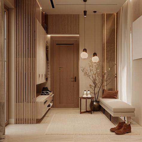 This Japandi style home encapsulates a harmonious blend of contemporary minimalism and natural warmth, embracing the Japandi aesthetic which fuses Scandinavian functionality with Japanese rustic minimalism. The design use a soft, neutral palette of beiges, browns, and grays that evoke a sense of calm and elegance, complemented by the use of natural wood textures that add warmth and depth. Strategic lighting, both natural and via sleek modern fixtures, highlights the clean lines and high-quali... Japandi Entryway, Slat Panelling, Japandi Style Home, Japandi Aesthetic, Rustic Minimalism, Japandi House, Japandi Home Decor, Neutral Interior Design, Zen Living