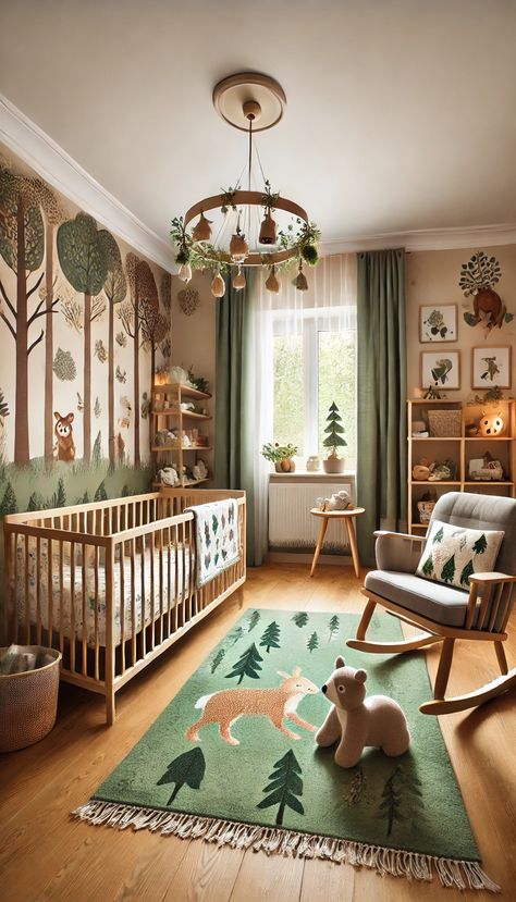 21 Stunning Nursery Decor Ideas That Will Transform Your Baby's Room 🌟👶 Theme Rooms Ideas, Nursery Animals Theme, Nursery Room Woodland Theme, Toddler Room Forest Theme, Forest Animals Baby Room, Toddler Room Forest, Forest Animal Baby Nursery, Forest Theme Baby Nursery, Forest Theme Kids Bedroom