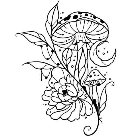 Under the light of the moon, mushrooms are in full bloom Mushroom And Flowers Tattoo, Gothic Coloring Pages, Stencil Drawings, Mushroom And Flowers, Mushroom Doodle, Hot Air Balloon Drawing, Bloom Tattoo, Cottage Core Art, Mystical Tattoos