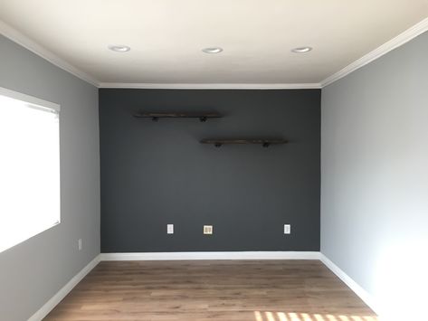 Gray Accent Wall Bedroom, Gray Accent Wall, Dark Gray Bedroom, Light Gray Bedroom, Dark Grey Rooms, Gray Bedroom Walls, Grey Walls Living Room, Gray Painted Walls, Brown Living Room Decor