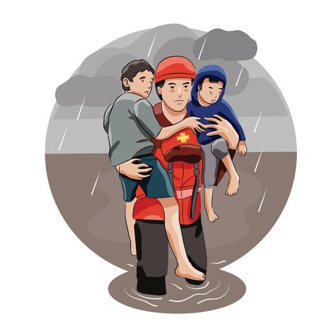 man rescue children disaster flood walk through heavy rain Helping Others Drawing, Floods Pictures, Man Made Disasters, Teaching Pictures, Rescue Team, Wedding People, Heavy Rain, Cityscape Photos, Logo Banners