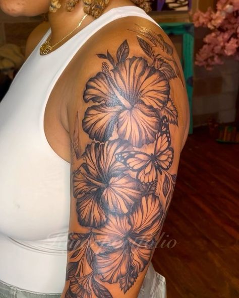 Jakiya Mason 🌹🎨 | Big Hibiscus Flowers 🌺 For her Floral Quarter sleeve, and other added pieces too Represent her Family 🫶🏽. Thank you for your Trust, Would… | Instagram Flower Sleeve Cover Up Tattoo, Cover Up Tattoos Inner Arm, Lily Flower Sleeve Tattoo, Hibiscus Flower With Butterfly Tattoo, Hibiscus Flower Tattoos Black Women, Hibiscus Tattoo With Butterfly, Hibiscus Arm Tattoos For Women, Turtle With Hibiscus Tattoo, Flower Arm Sleeve Tattoos For Women