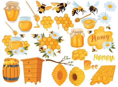 Premium Vector | Honey set. collection of beekeeping. illustration of beehive, bees and honeycombs. Honey Bee Images, Bee Banners, Bee Stuff, Design Doodles, Big Bee, Bee Images, Honey Packaging, Honey Shop, Bee Farm