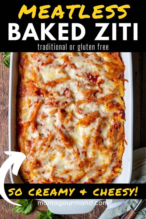 No Ricotta Baked Ziti, Gluten Free Ziti Bake, Banza Baked Ziti, Meatless Meals For A Crowd, Easy Baked Ziti Meatless, Meatless Baked Pasta, Oven Baked Ziti Meatless, Cheesy Pasta Bake No Meat, Baked Pasta No Meat