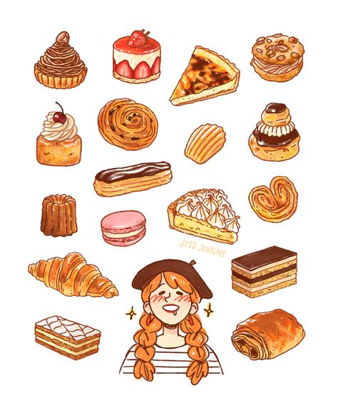 French pastries illustration by Jess Jenkins. 

Pastries include: mont blanc, frasier, flan, paris-brest, baba au rhum, pain aux raisins, madeleine, religieuse, canele macaron, tarte au citron, palmier, croissant, opera, mille-feuille, pain au chocolate 

#foodillustration #illustration #illustrator #digitalillustration #frenchillustration #dessins Pastries Illustration, Croissant Illustration, Pastry Illustration, Paris Brest, French Pastries, Flan, Drawing Ideas, Pastry, Opera