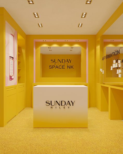 Stage render design #design #skincare #yellow Skincare Booth, Mini Stage, Render Design, Visual Merchandising Displays, Sunday Riley, Merchandising Displays, Baby Store, Visual Merchandising, Design Design