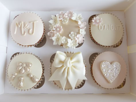 Bride Shower Cupcakes, Wedding Anniversary Cupcakes Ideas, Bridal Shower Cupcake Ideas Simple, Engagement Party Cupcakes Ideas, Bride And Groom Cupcakes, One Tier Wedding Cake With Cupcakes, Bride To Be Cupcakes Design, Engaged Cupcakes, Bride To Be Cupcakes Ideas