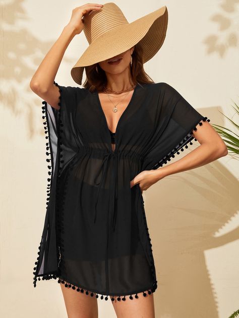 Black  Collar Short Sleeve Fabric Plain  Embellished Non-Stretch  Swimming & Beach Skirt Set Two Piece, Look Plus Size, Beach Coverup Dress, Women's Cover Up, Tie Sleeve, Fashion Seasons, Beach Covers, Style Boho, Chiffon Lace