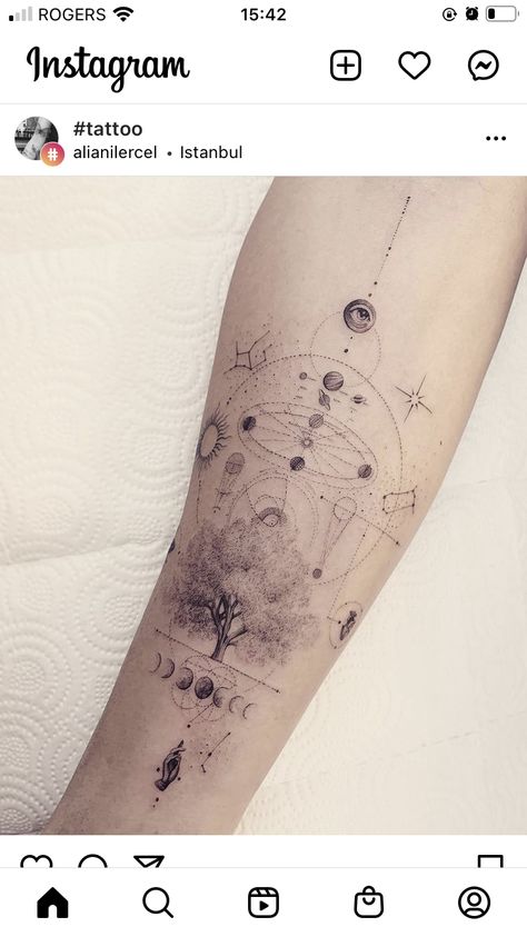 Geometric Universe Tattoo, Archer Tattoo, Cosmos Tattoo, Art Inspired Tattoos, Celestial Tattoo, Universe Tattoo, Feminine Tattoo Sleeves, Planet Tattoos, Magic Tattoo