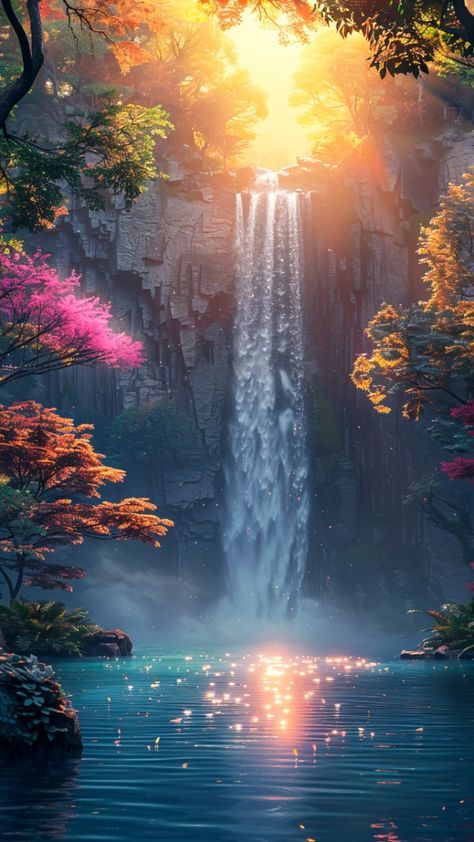 Fantasy Waterfall Art, Waterfall Fantasy Art, Fantasy Waterfall, Waterfall Background, Waterfall Wallpaper, Waterfall Art, Beautiful Art Pictures, Bible Facts, Rare Beauty