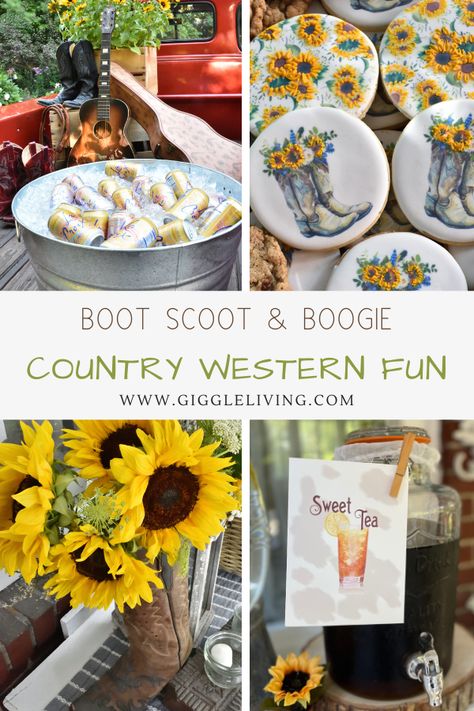 Country Western party ideas for a fun, summer celebration! 50th Birthday Country Theme, Country Dance Party Ideas, Country How Down Party, Cowgirl Party Games Adults, Country Themed 40th Birthday Party, Backyard Western Party, Line Dancing Party Ideas, Western 50th Birthday Party For Women, Western Themed Graduation Party Ideas