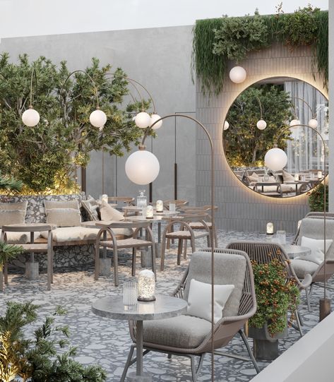 Villa Palma restaurant terrace on Behance Rooftop Restaurant Design Terraces, Terrace Furniture Design, Palma Restaurant, Resturant Decor, Cafe Bar Design, Restaurant Terrace, Rooftop Restaurant Design, Restaurant Exterior Design, Resturant Design