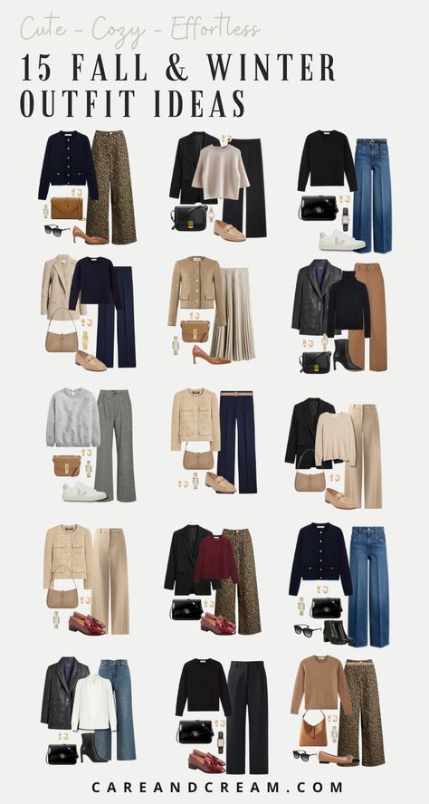 Looking for outfit inspiration this season? Discover 15 cute and cozy fall and winter outfits that you'll definitely want to copy! Explore chic and casual styles perfect for cold weather. From fall outfits for women to winter outfits for women, we've got you covered. Find trendy aesthetic outfit ideas with cashmere sweaters, black blazers, lady jackets, leopard jeans, and more. Elevate your fall style and winter style with these essential looks! Fall Winter Outfits School, Winter Outfit Casual Women, Casual Outfits Fall Black Women, Cool Summer Winter Wardrobe, What To Style With Black Jeans, Women Winter Fashion 2024, Wardrobe Ideas For Women Over 50, Fall And Winter Outfits Work, Winter Outfit For Short Women