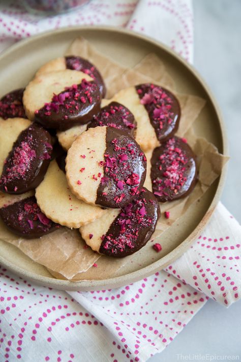 Rose Water Shortbread Cookies (chocolate dipped)- The Little Epicurean Essen, Rose Water For Skin, Shortbread Cookies Recipe, Chocolate Dipped Cookies, Rose Cookies, Rose Recipes, Freeze Dried Raspberries, Dipped Cookies, Skin And Hair Care